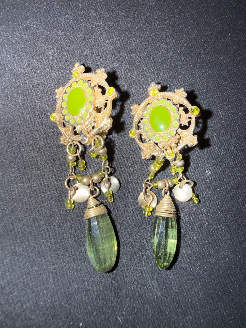 Ornate Lime Green Drop Earrings with Gold Filigree